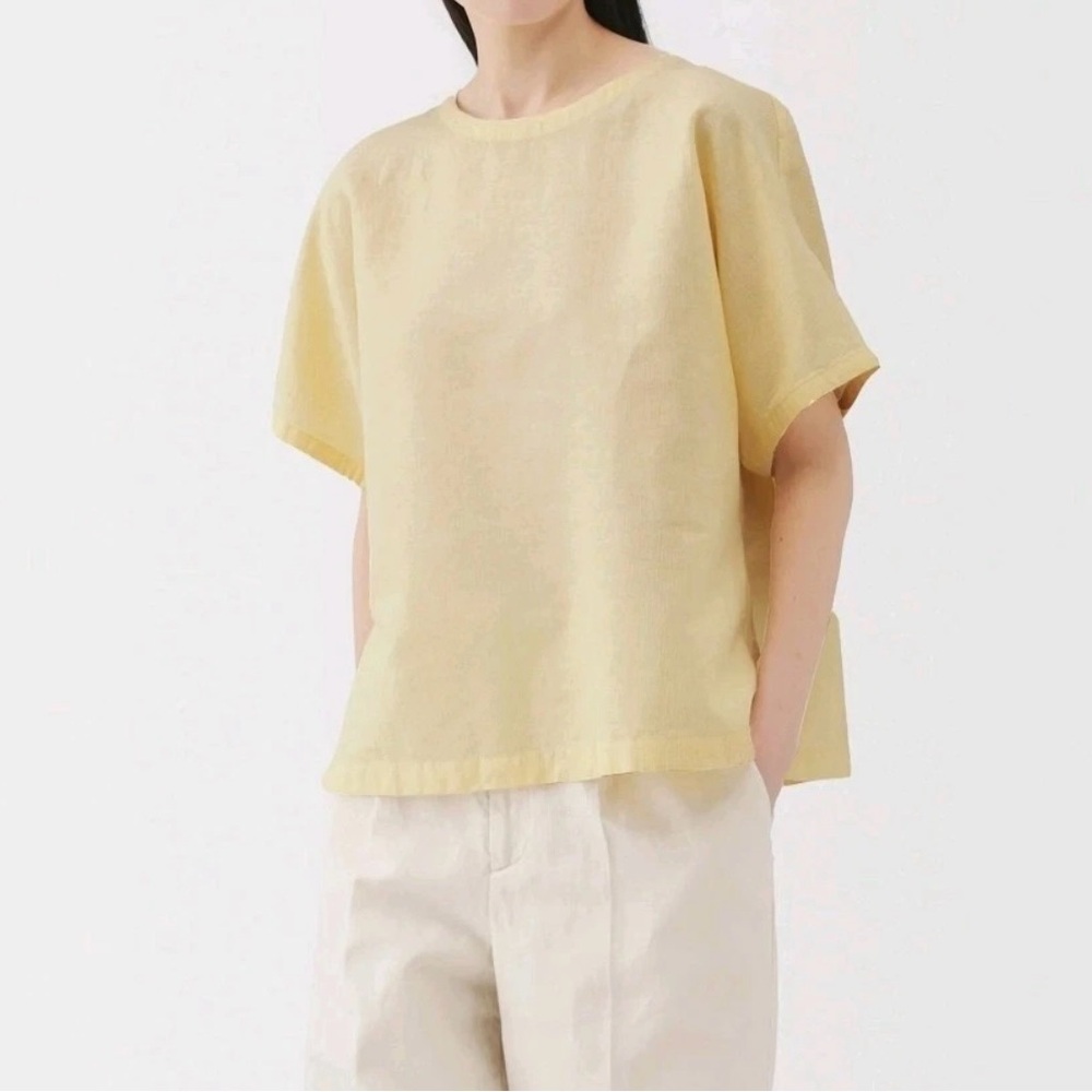 X-Small MUJI Womens Organic Cotton Hemp Short Sleeve Blouse Yellow